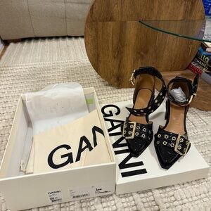 NWT Ganni D’orsay Buckle Croco Black Patent Leather Heels
